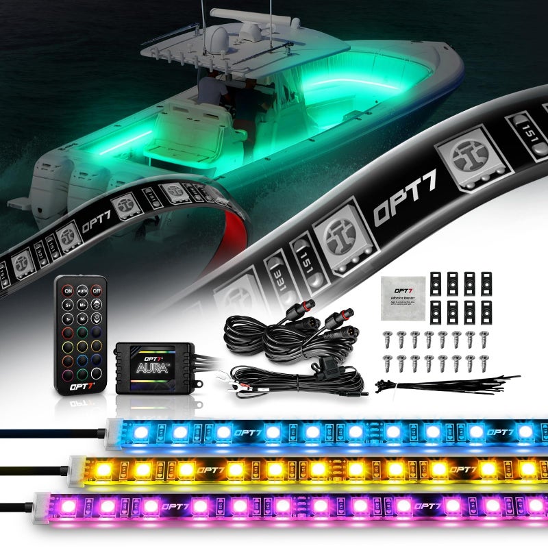 OPT7 أضواء قارب بحرية LED من OPT7 AURA، شريط إضاءة داخلي RGB مع مزامنة الصوت، وضع ألوان متعددة، تحكم عن بُعد لاسلكي، ضوء سطح IP67 مقاوم للماء لقارب البونتون وصيد السمك وقارب الباس واليخت والكاياك، 12 فولت - Image 1
